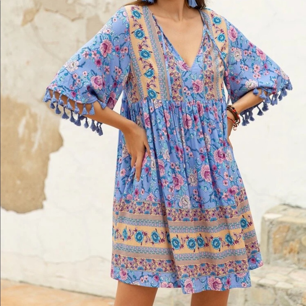 Boho floral print fringe trim dress- BLUE - Picture 1 of 14